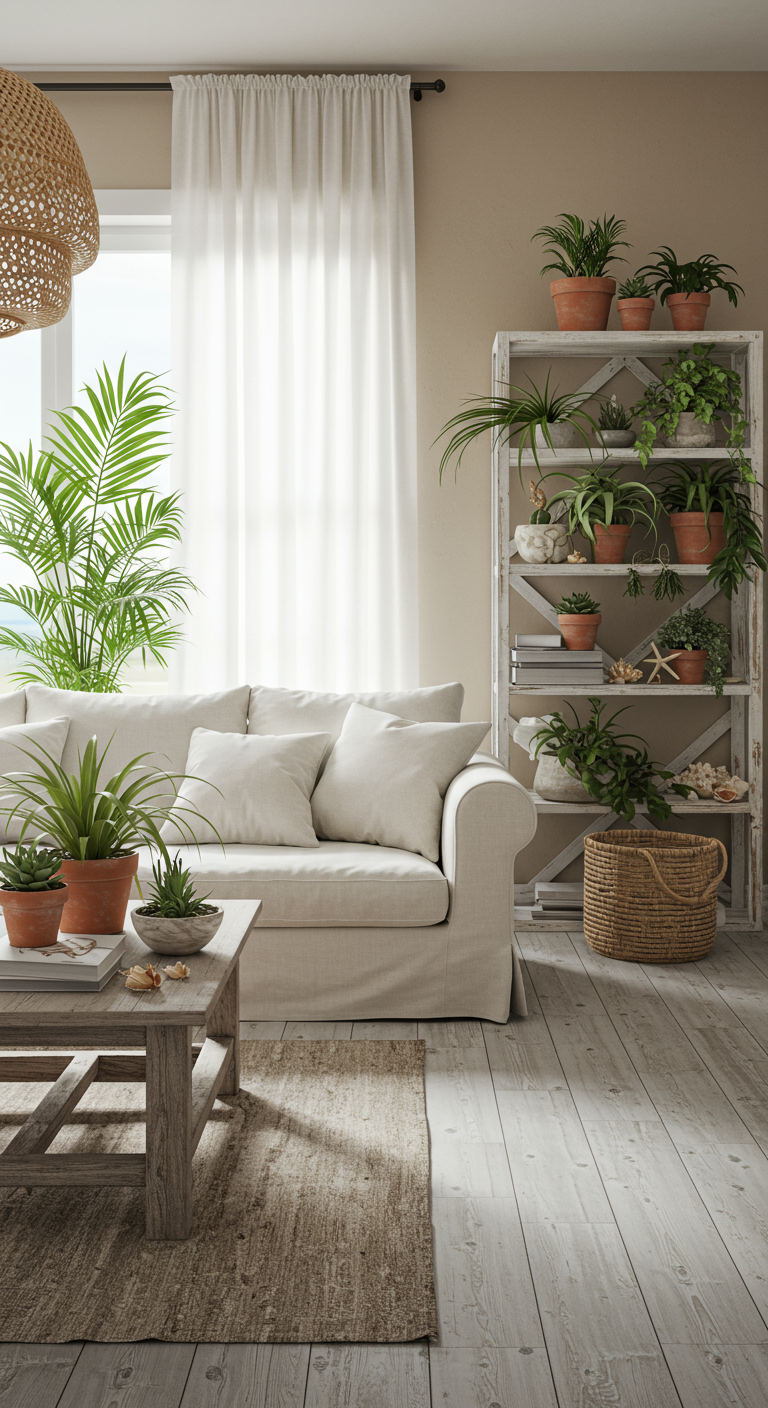 Lichte landelijke woonkamer met witte bank en open kast vol planten in terracotta.