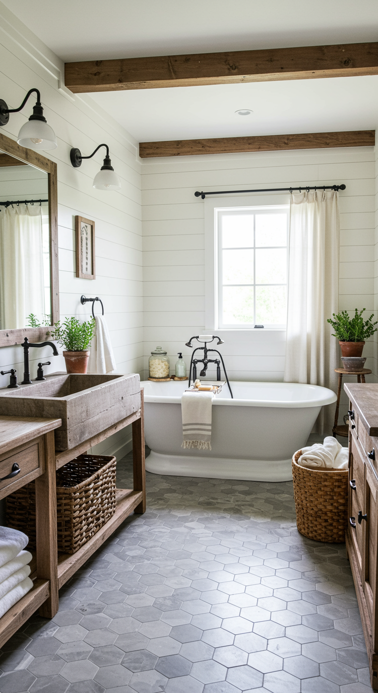 Farmhouse badkamer met houten balken en linnen gordijnen.