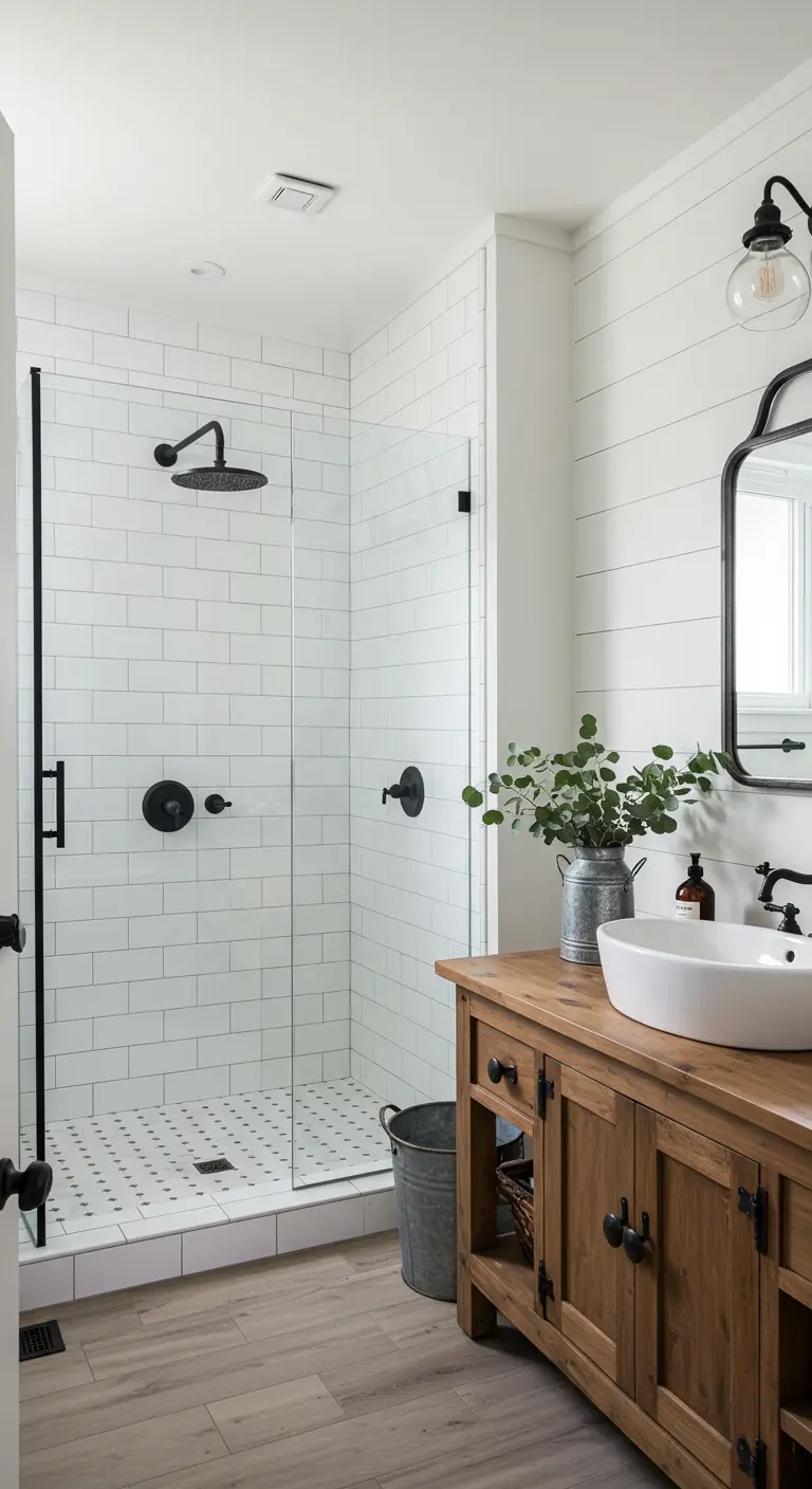 Landelijke badkamer met witte shiplap wanden, metro tegels in de douche, houten wastafelmeubel en matzwarte kranen.