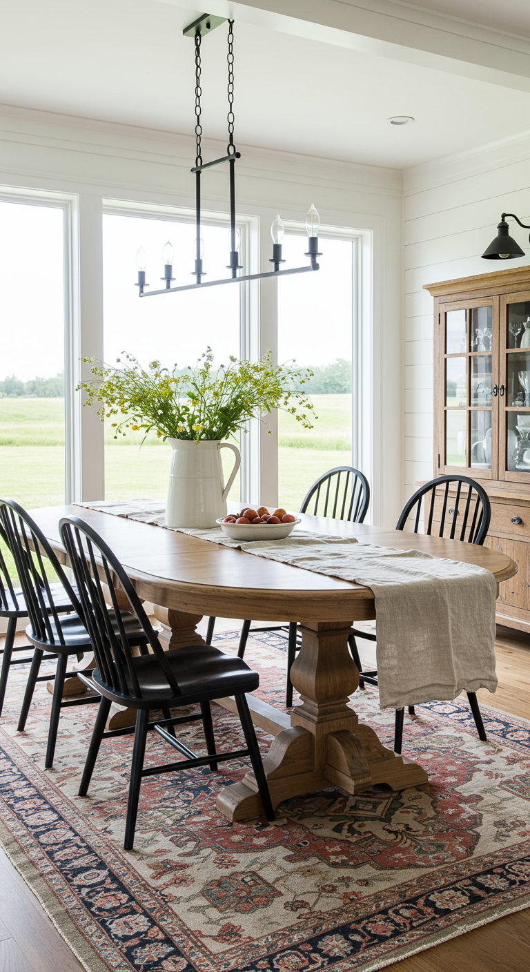 Landelijke eethoek met grote ovale houten tafel en zwarte spijlenstoelen.