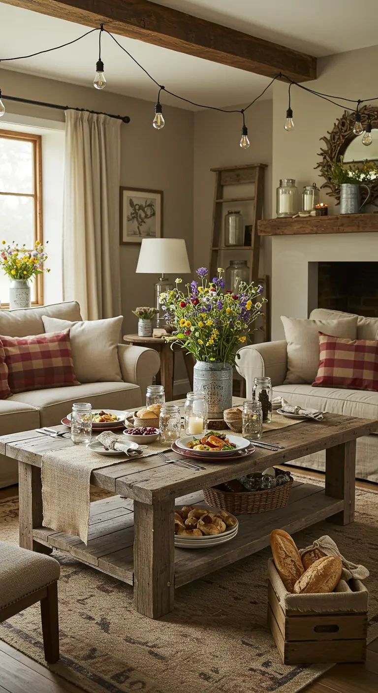Rustieke woonkamer met houten meubels, lichtslinger en veldbloemen.