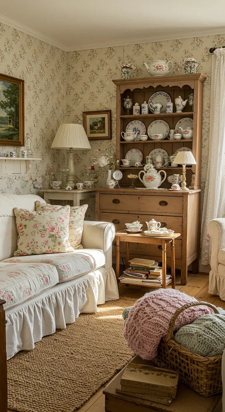 Cottagecore woonkamer met bloemetjesbehang, witte bank met bloemenkussens en gebreide plaid.