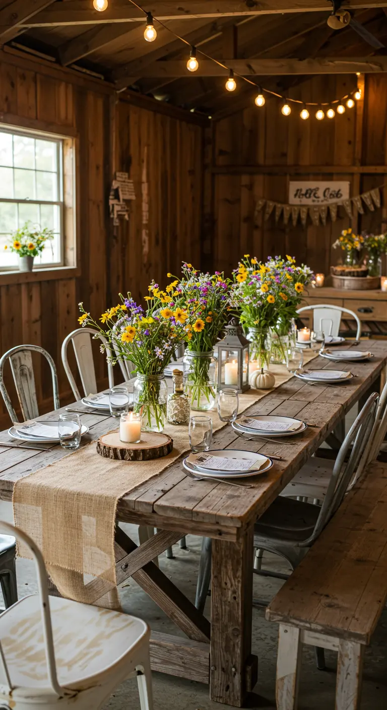 Rustiek verjaardagsfeest in een schuur met houten tafel en veldbloemen.