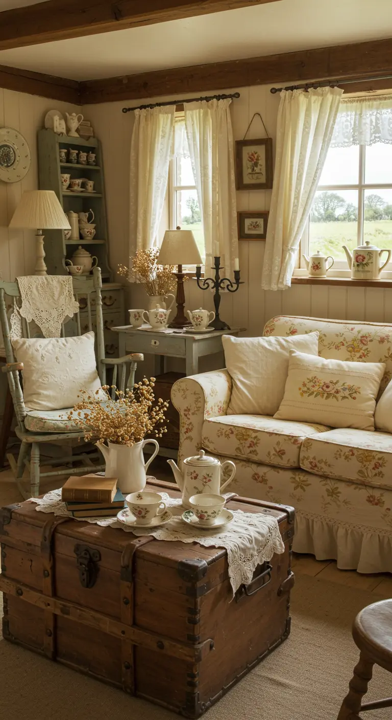 Cottagecore woonkamer met bloemenbank, vintage kist als tafel en veel brocante.