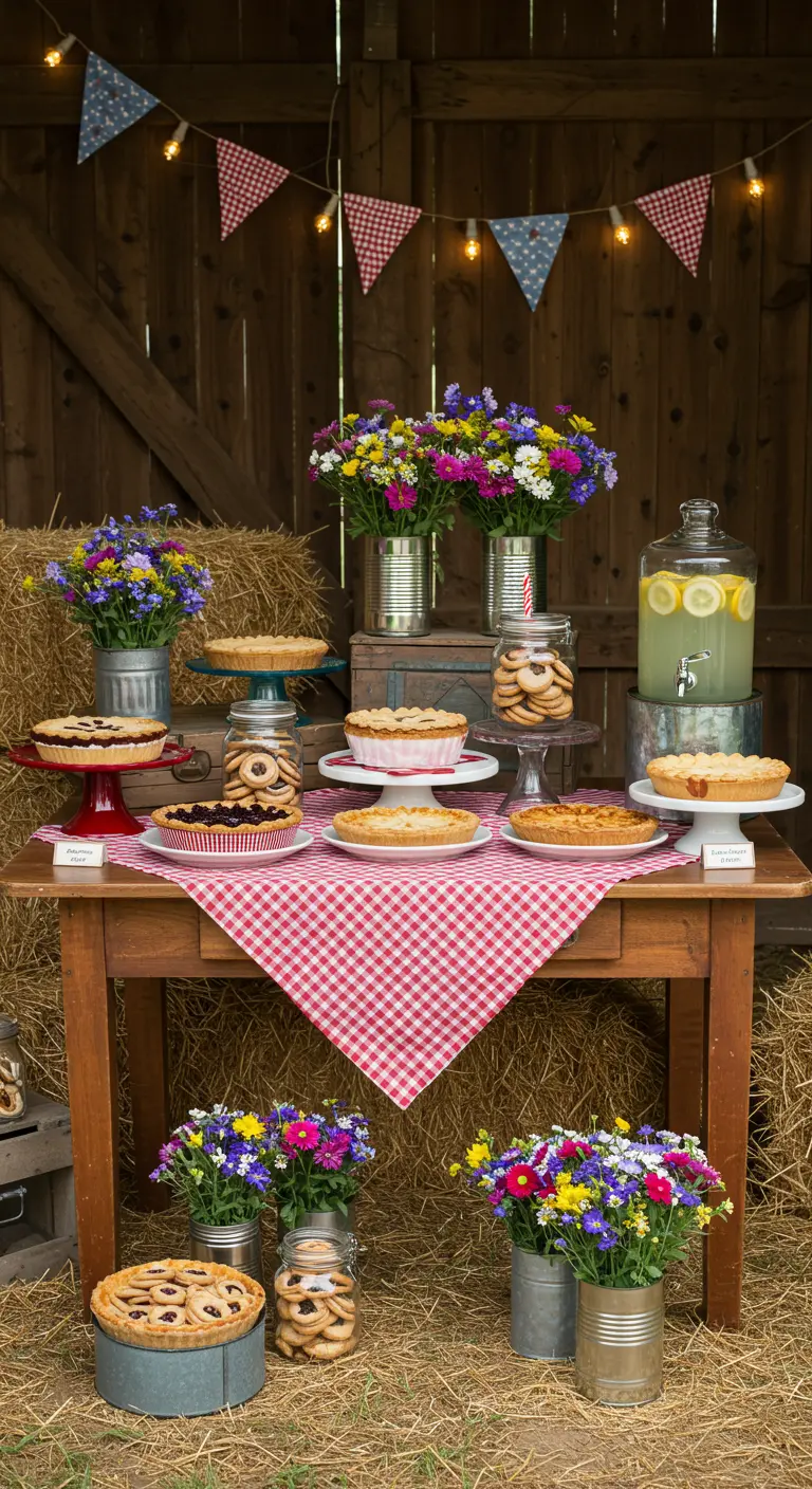 Landelijke desserttafel met geblokt kleed, taarten, veldbloemen en hooibalen.