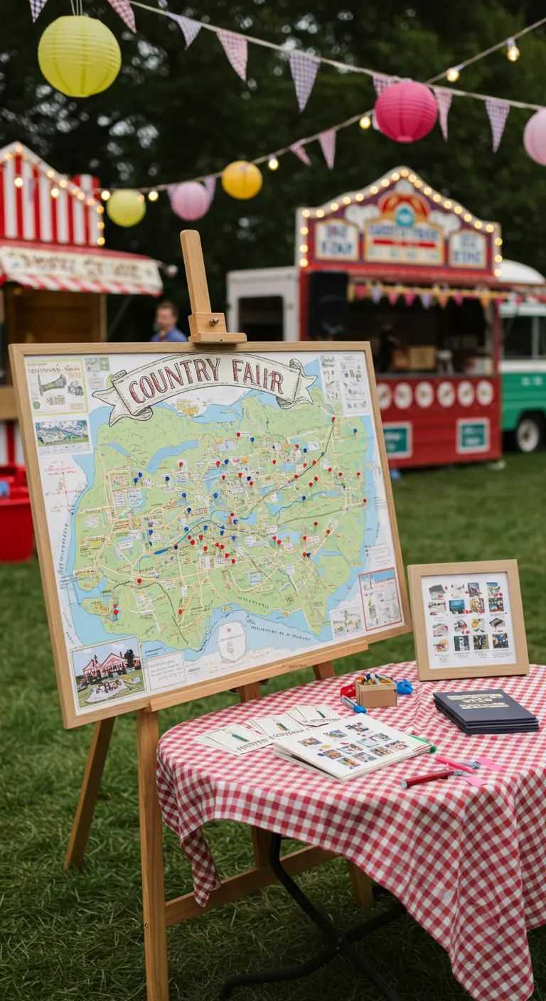 Gastenboek als grote kaart op ezel, bij landelijke kermis-setting.