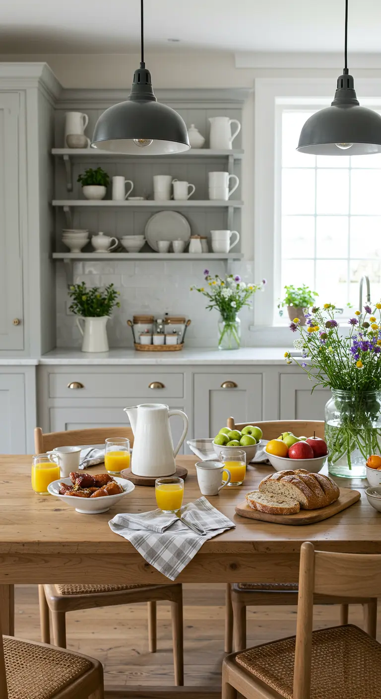 Landelijke keukentafel gedekt voor ontbijt met vers brood, fruit en veldbloemen.