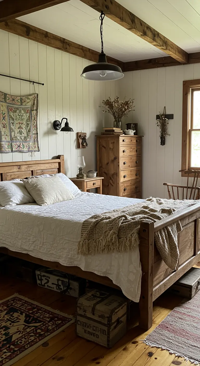Rustieke slaapkamer met houten balken, wit houten wanden, houten bed en landelijke decoratie.