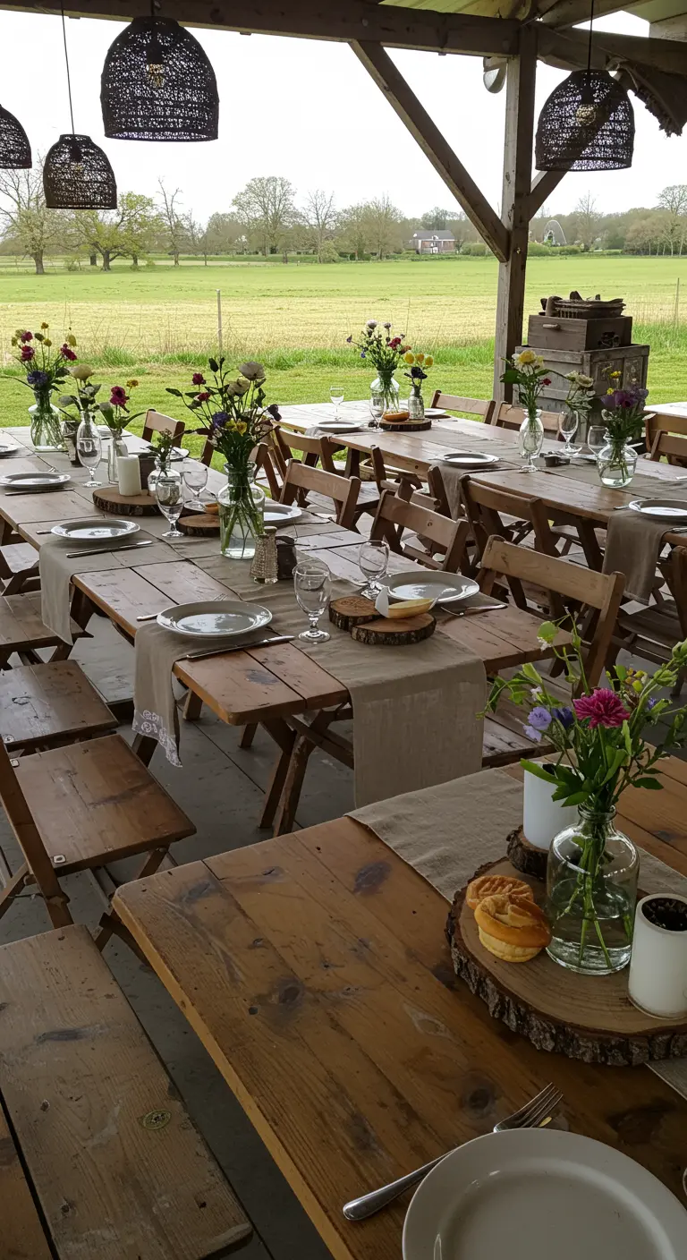 Lange houten tafels onder een overkapping, gedekt met veldbloemen, boomstamschijven en rotan lampen.