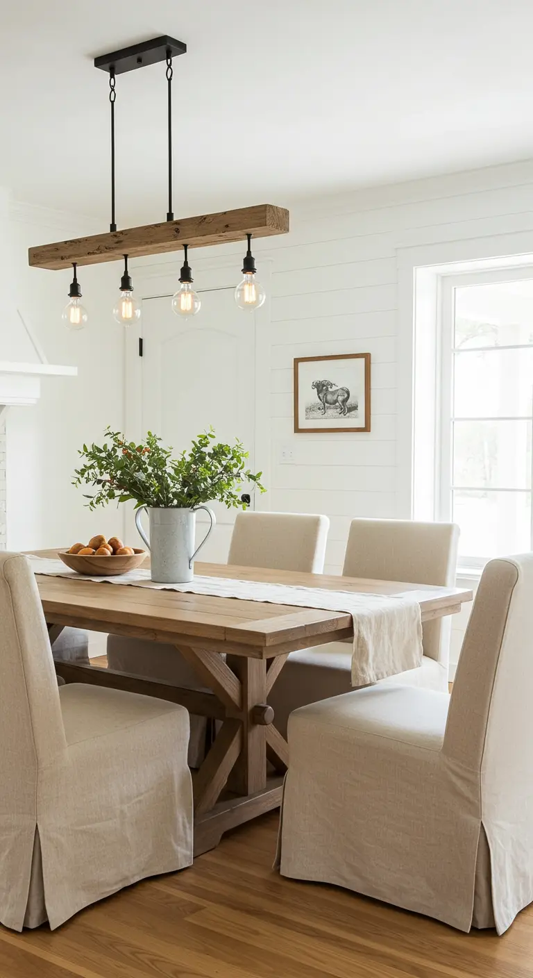 Houten balk met vier hangende peertjes boven een landelijke houten eettafel.
