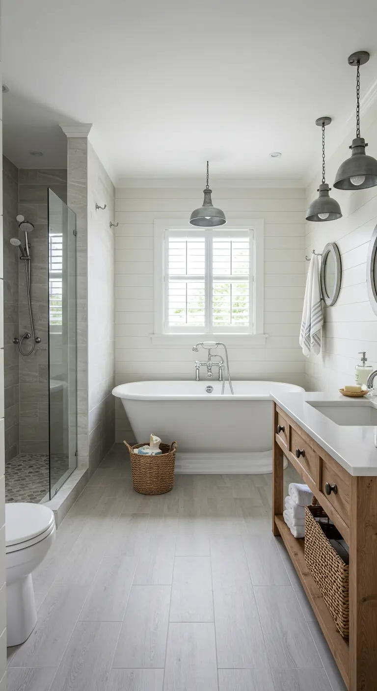 Landelijke badkamer met lichtgrijze houtlook tegels, witte lambrisering en shutters.