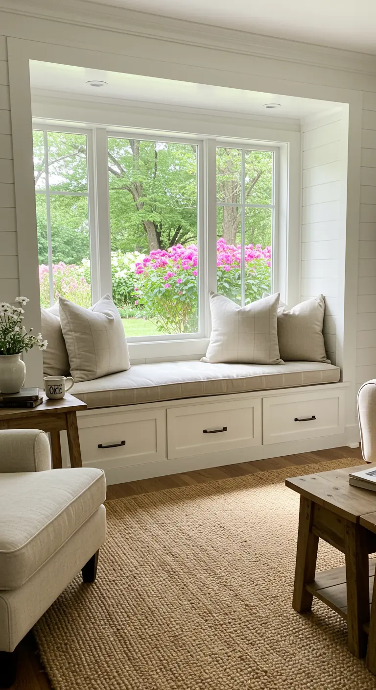 Witte ingebouwde zitbank met lades, beige kussens, uitzicht op bloeiende tuin.
