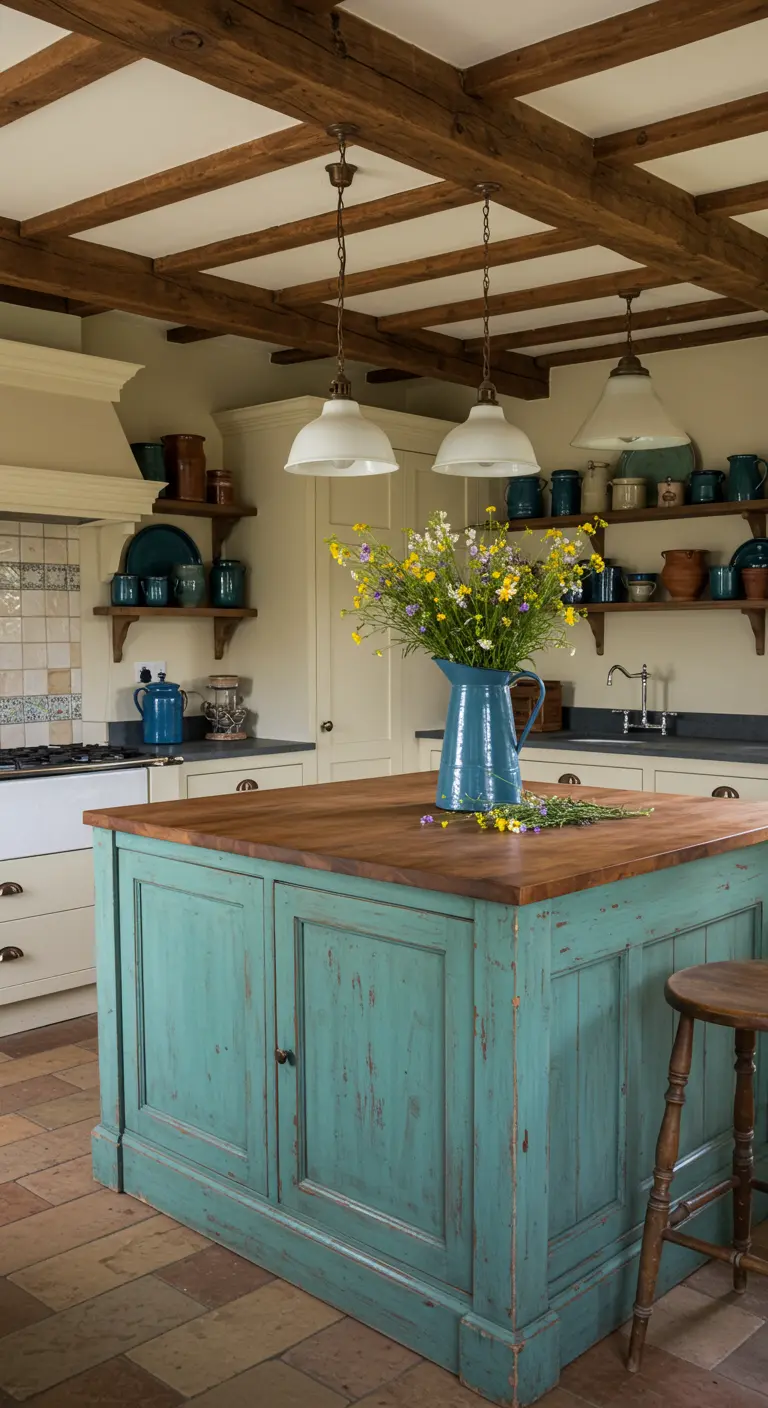 Landelijke keuken met turquoise eiland en rustiek servies op open planken.