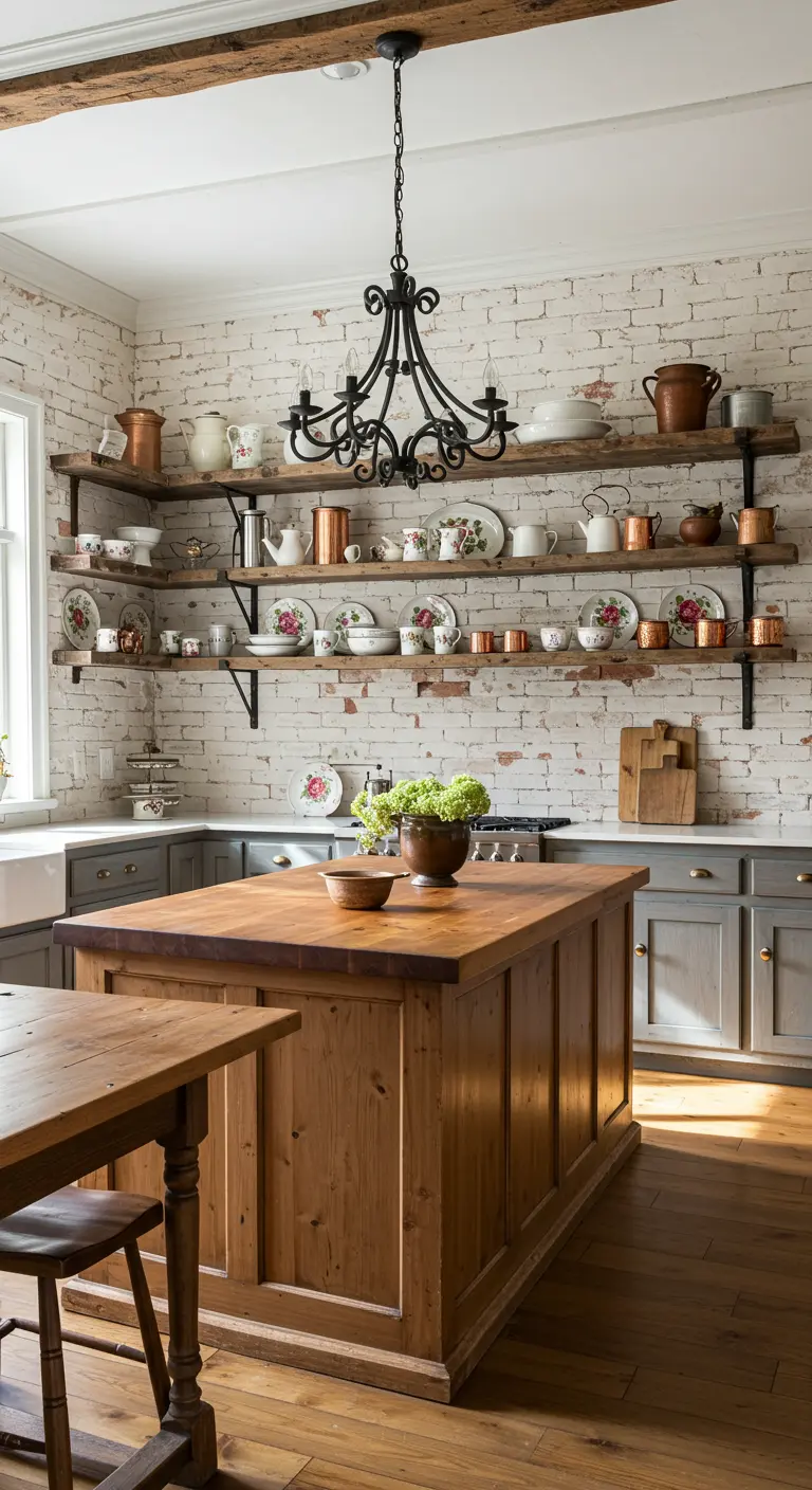 Rustieke keuken met open houten planken vol divers servies tegen een witte bakstenen muur.