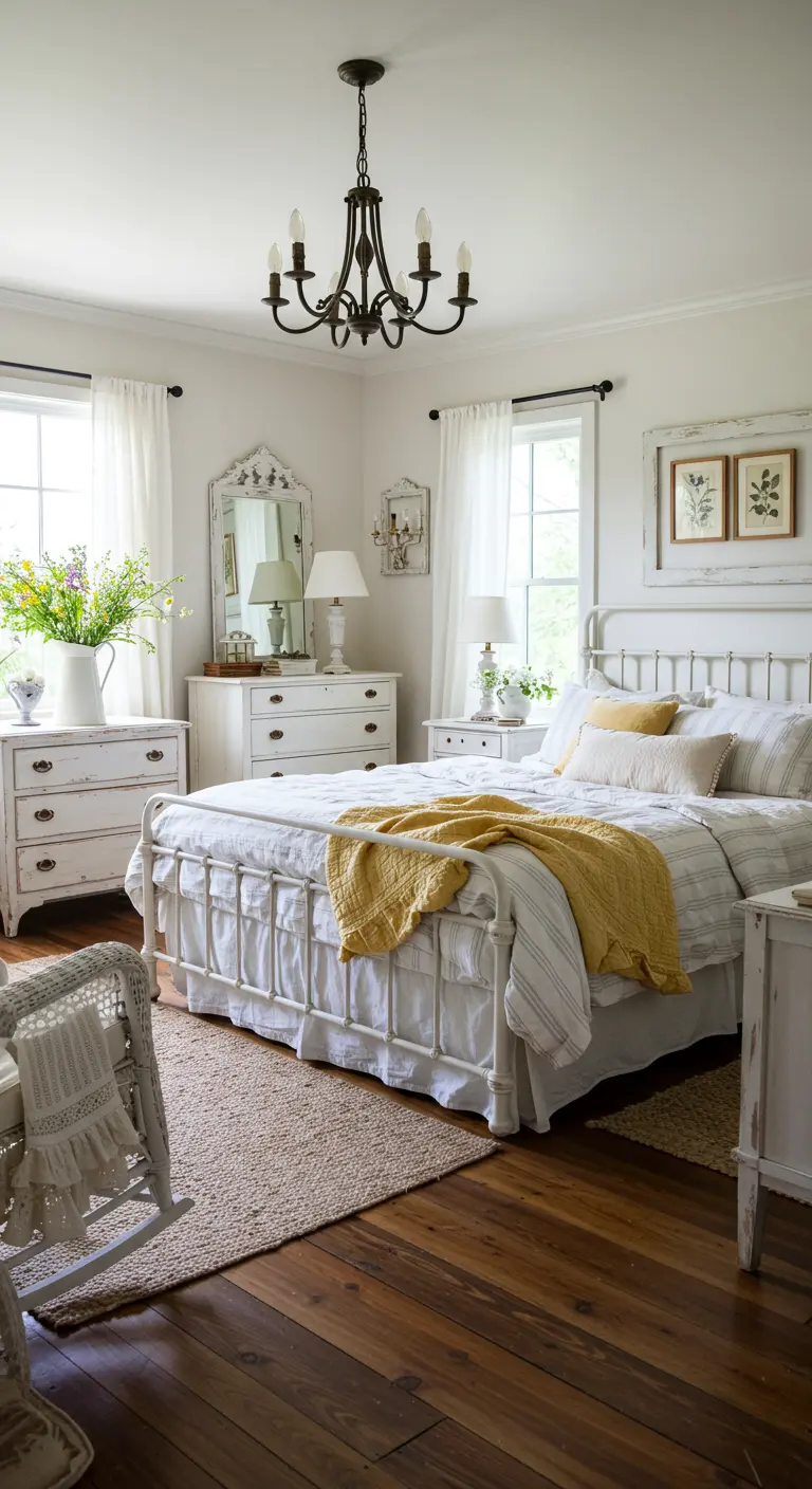 Landelijke witte slaapkamer met vintage meubels en gele accenten.