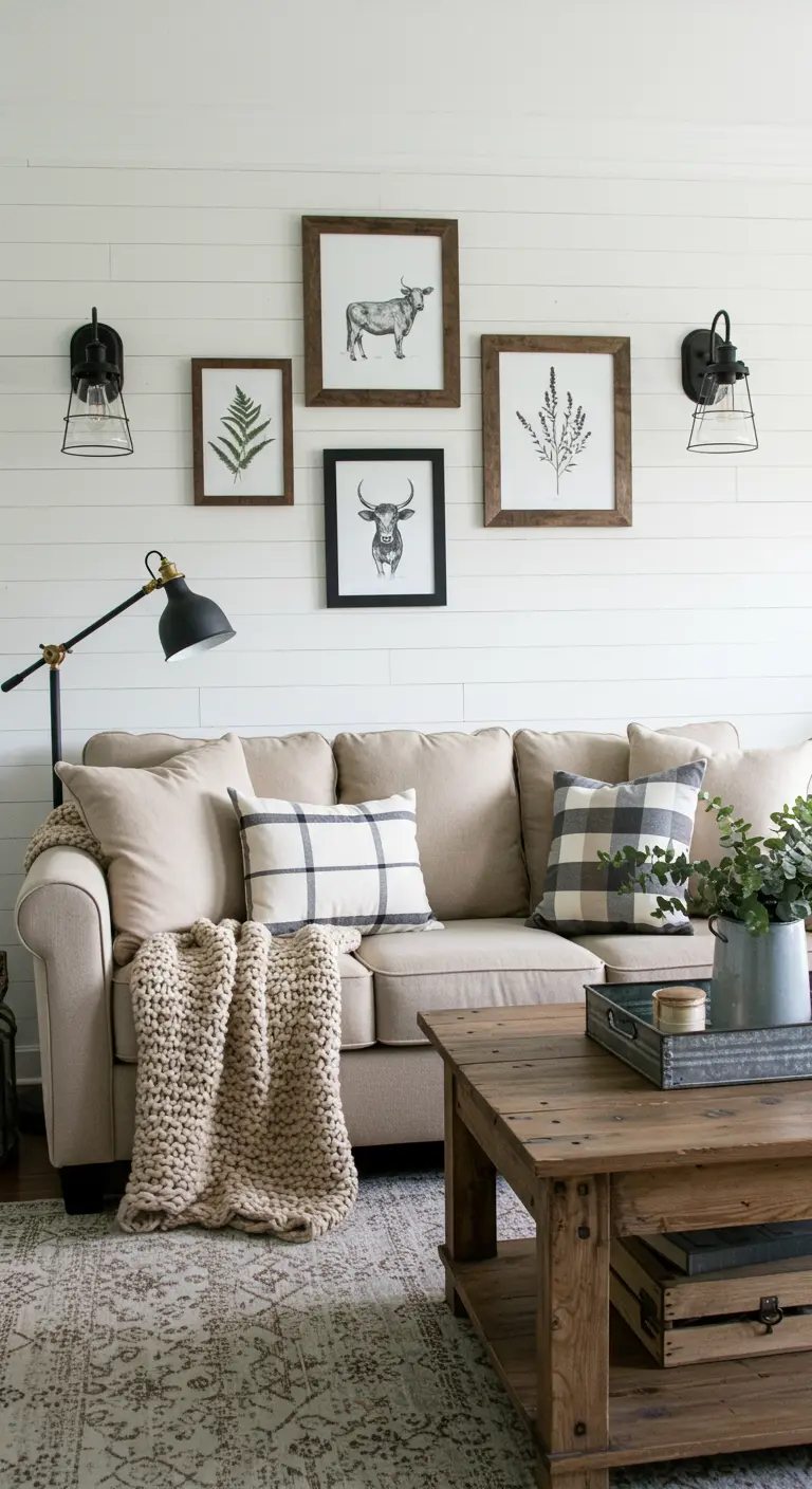 Galerijwand met natuurillustraties boven een beige bank tegen een witte shiplap muur.