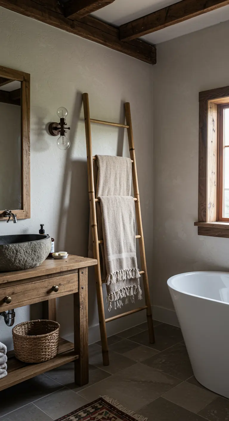 Rustieke badkamer met houten ladder, stenen wasbak en linnen handdoeken.