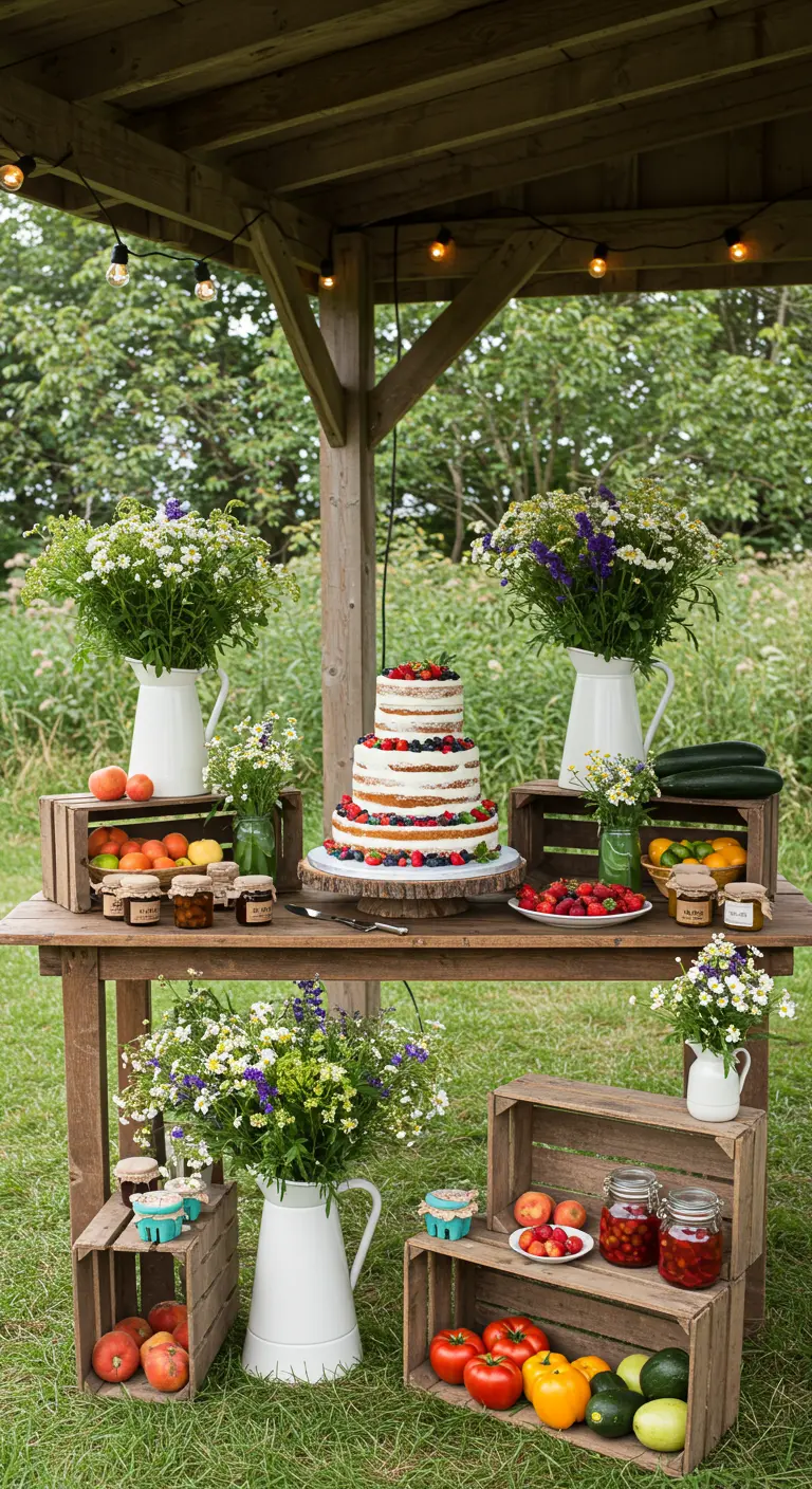 Landelijke taarttafel met fruitkistjes, veldbloemen, verse producten en een naked cake.
