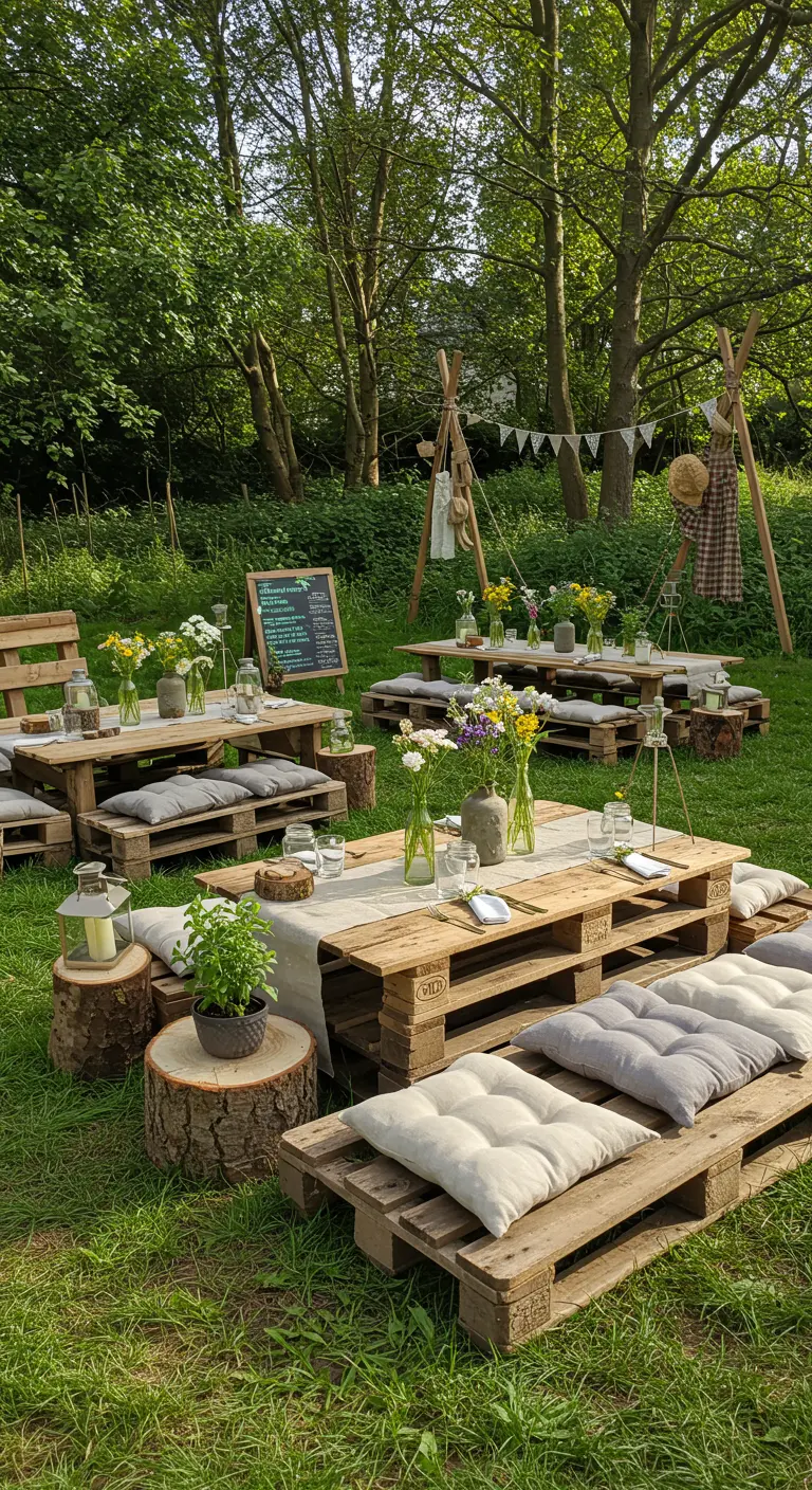 Buiten zithoek met palletmeubels, grijze kussens, boomstronken en veldbloemen.