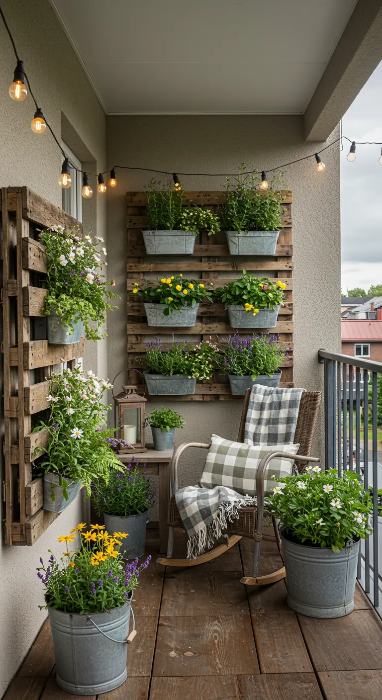 Rustiek balkon met een palletmuur, zinken plantenbakken, schommelstoel en geruite deken.