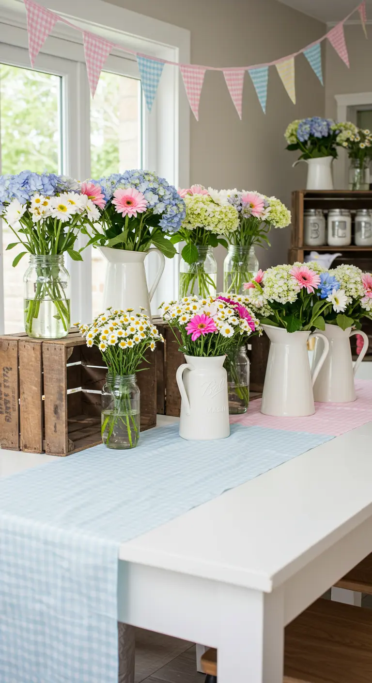 Rustieke babyshowertafel met pastelbloemen, geblokte loper en witte kannen.