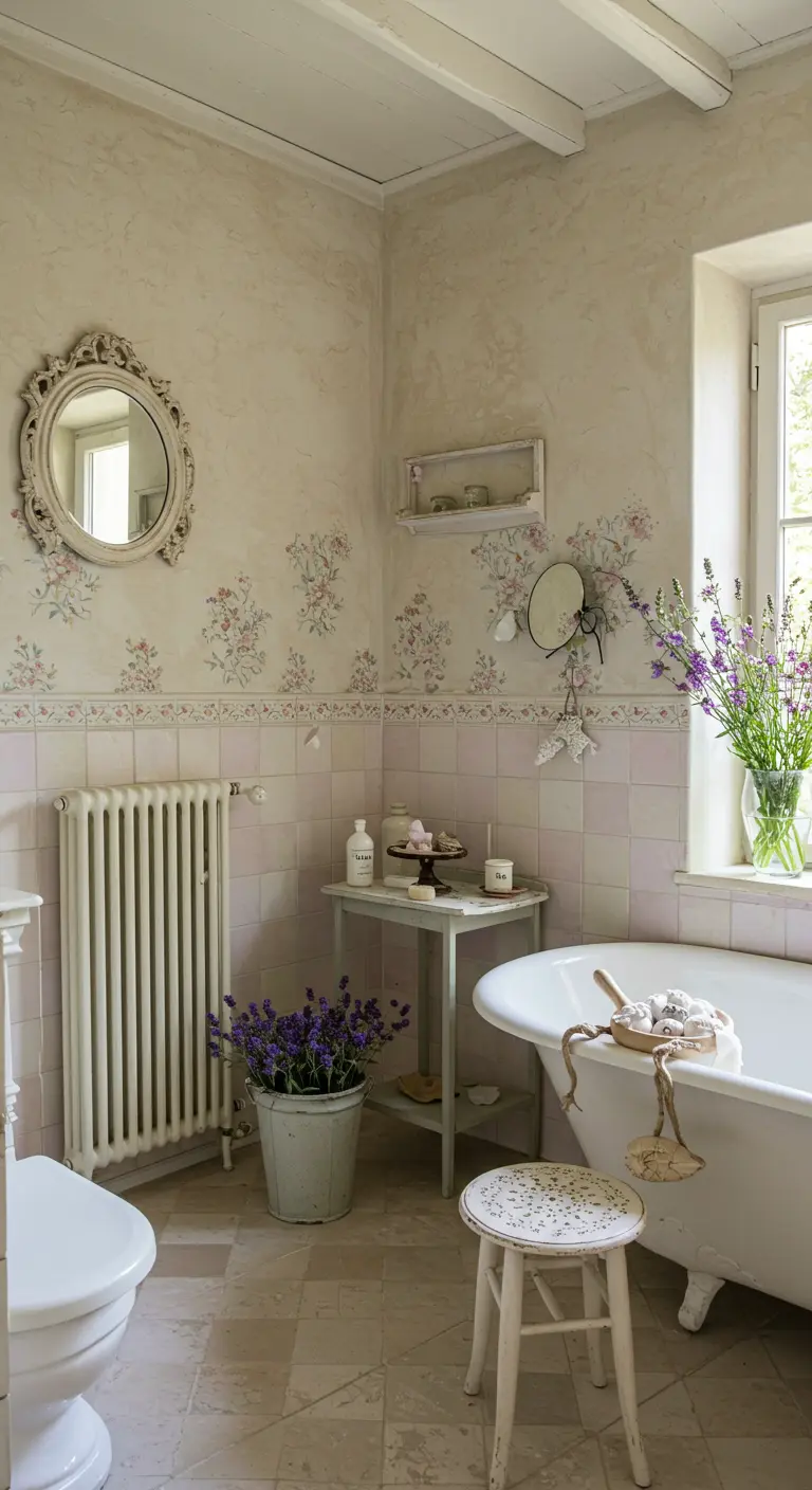Witte klassieke radiator in een lichte badkamer met roze tegels, bloemetjesbehang en lavendel.