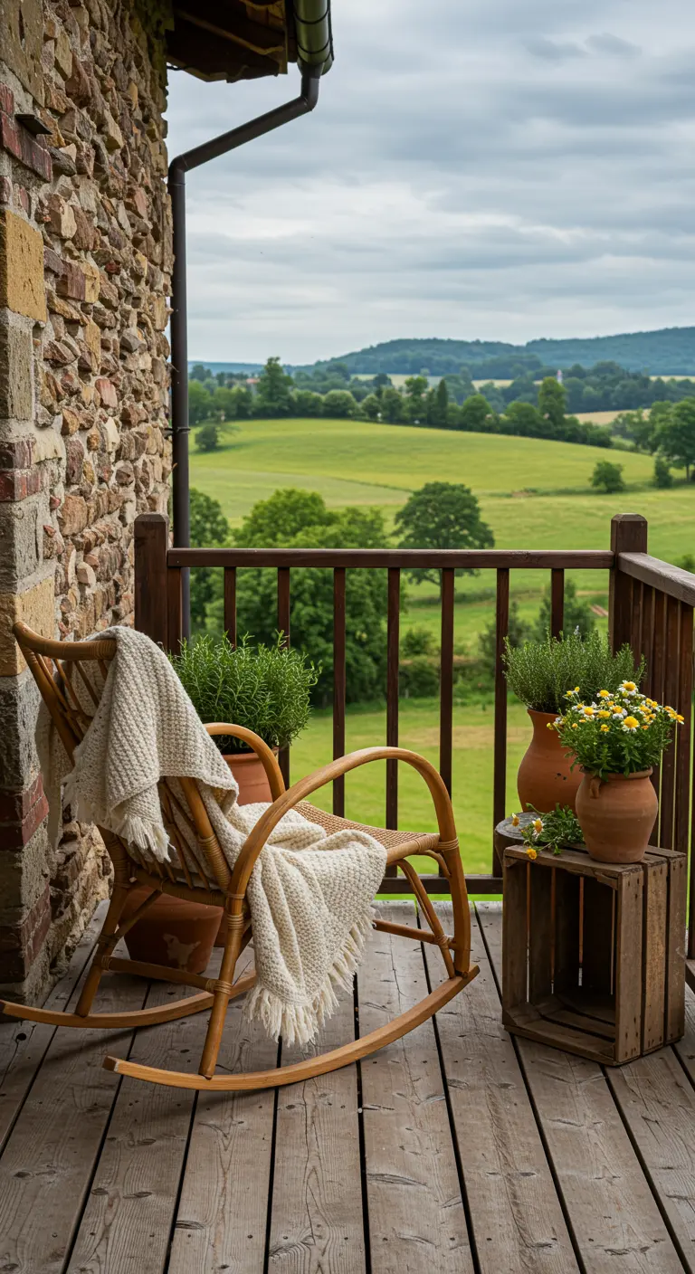 Rieten schommelstoel met plaid op houten veranda met uitzicht op groen landschap.