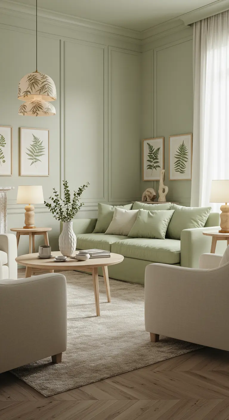 Zachtgroene woonkamer met houten meubels, botanische prints en geweven hanglampen.
