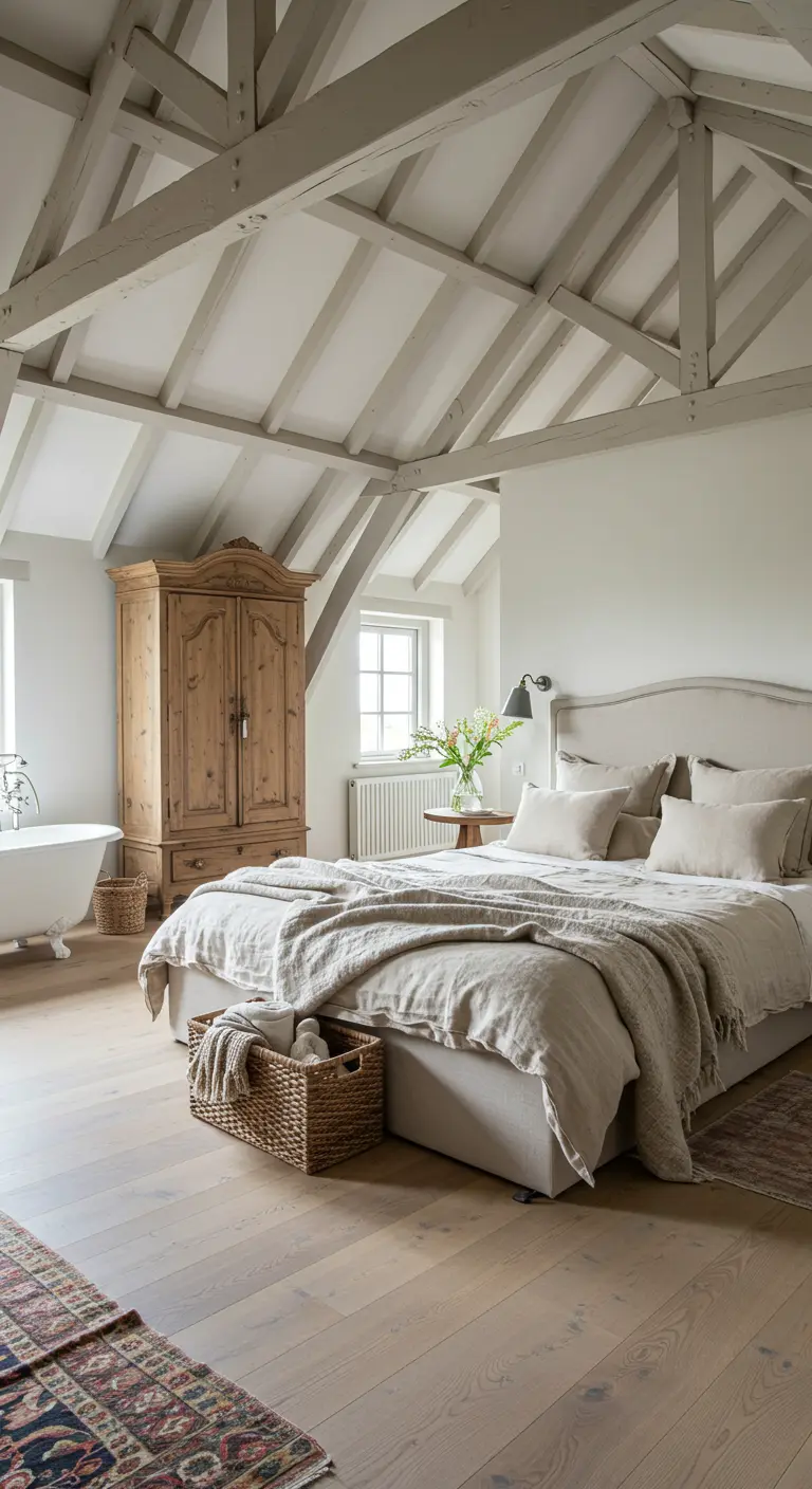 Landelijke slaapkamer met houten balken, linnen beddengoed, en antieke houten kast.