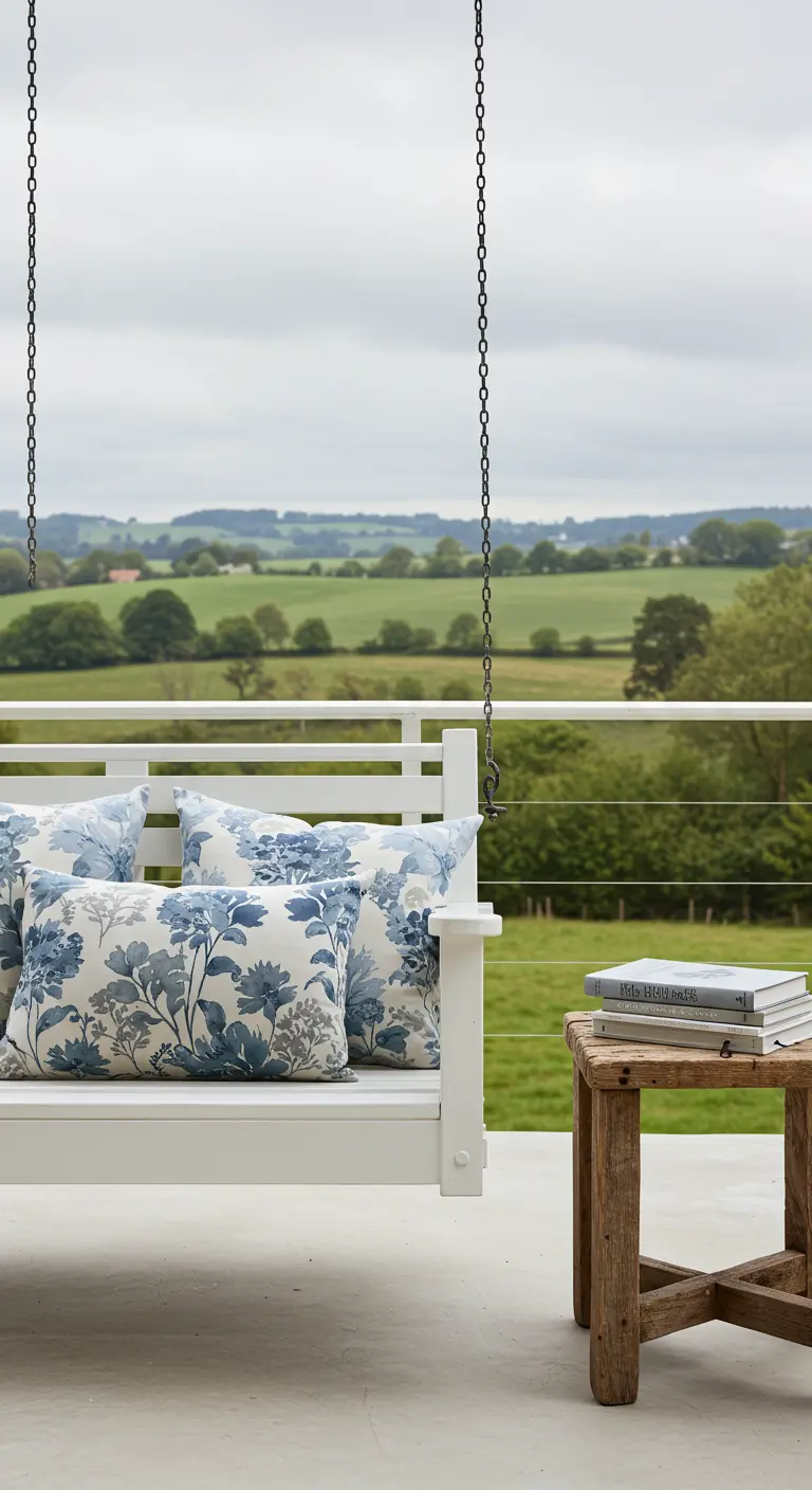 Witte schommelbank met blauw-grijze bloemenkussens, houten krukje met boeken, landelijk uitzicht.