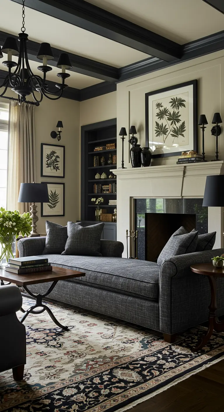 Landelijke woonkamer met greige muren, zwarte balken, chaise longue en klassiek vloerkleed.