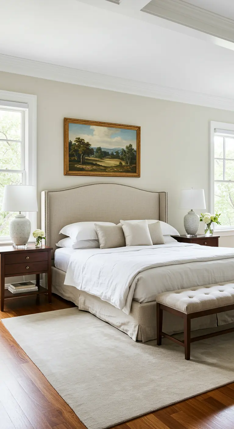 Landelijk bed met beige gestoffeerd hoofdbord, wit beddengoed en landschapsschilderij.