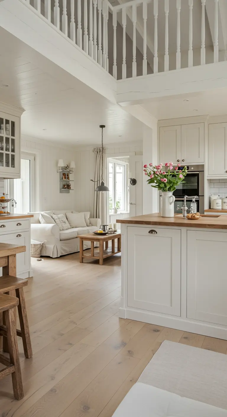 Witte landelijke open keuken met houten werkblad en doorkijk naar woonkamer met witte bank.