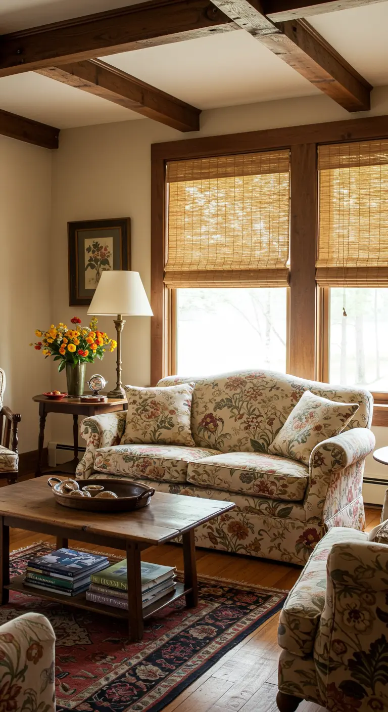 Landelijke woonkamer met bloemenprint bank, houten balkenplafond en een traditionele lamp.