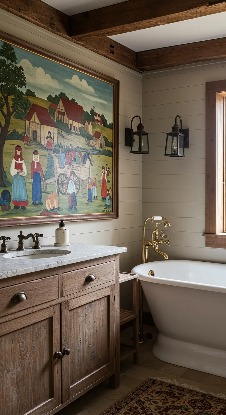 Rustieke badkamer met houten meubel en een groot naïef schilderij van een landelijk tafereel.