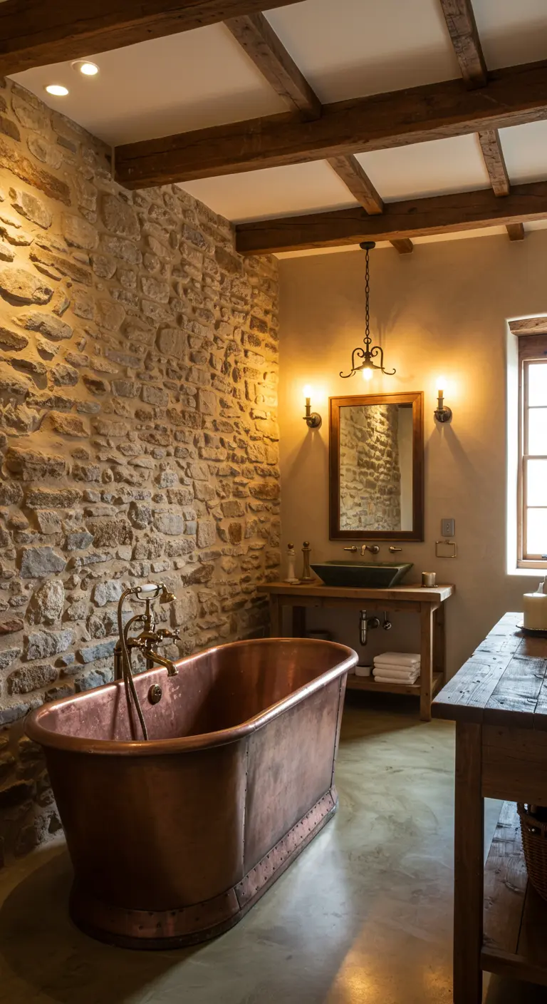 Rustieke badkamer met natuurstenen muur, koperen bad en houten balken.