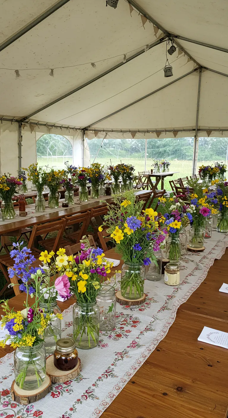 Lange houten tafels in een tent, gedekt met veldbloemen in jampotten op houten schijven.