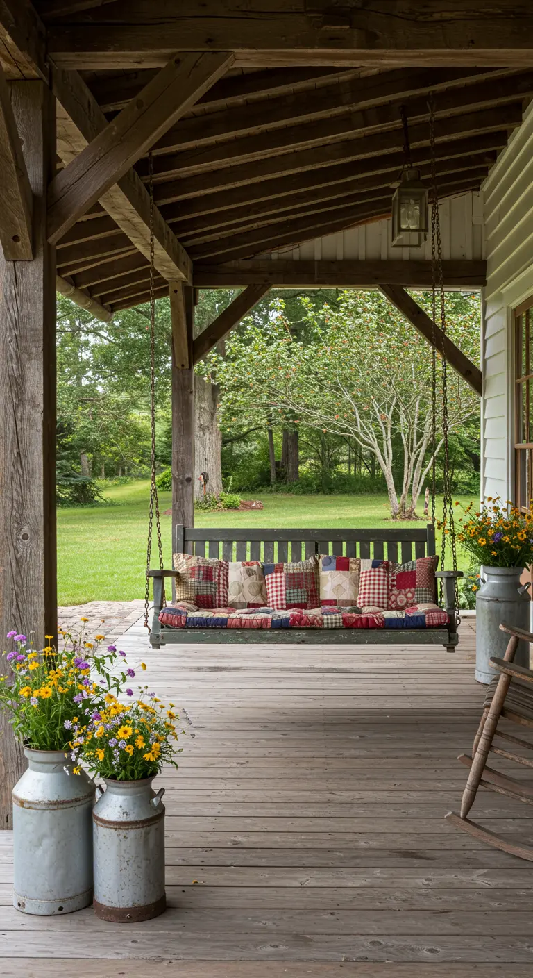 Houten schommelbank met gekleurde kussens op een veranda, met melkbussen vol bloemen.