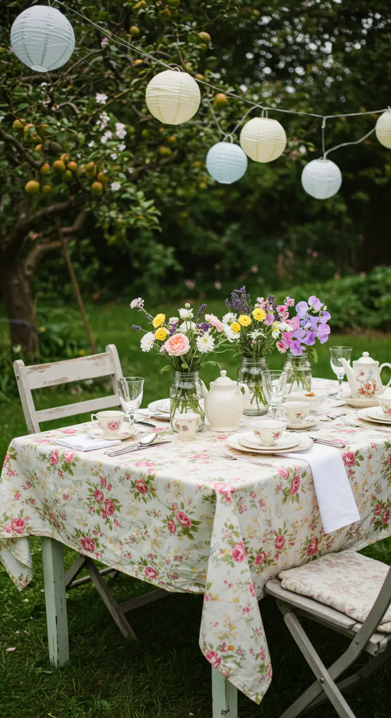 Landelijke tuintafel met gebloemd kleed, veldbloemen en papieren lampionnen.