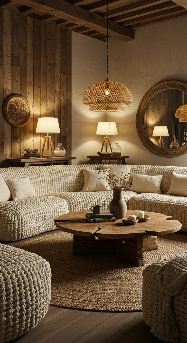 Landelijke woonkamer met houten wand, gebreide bank en ronde jute accenten.