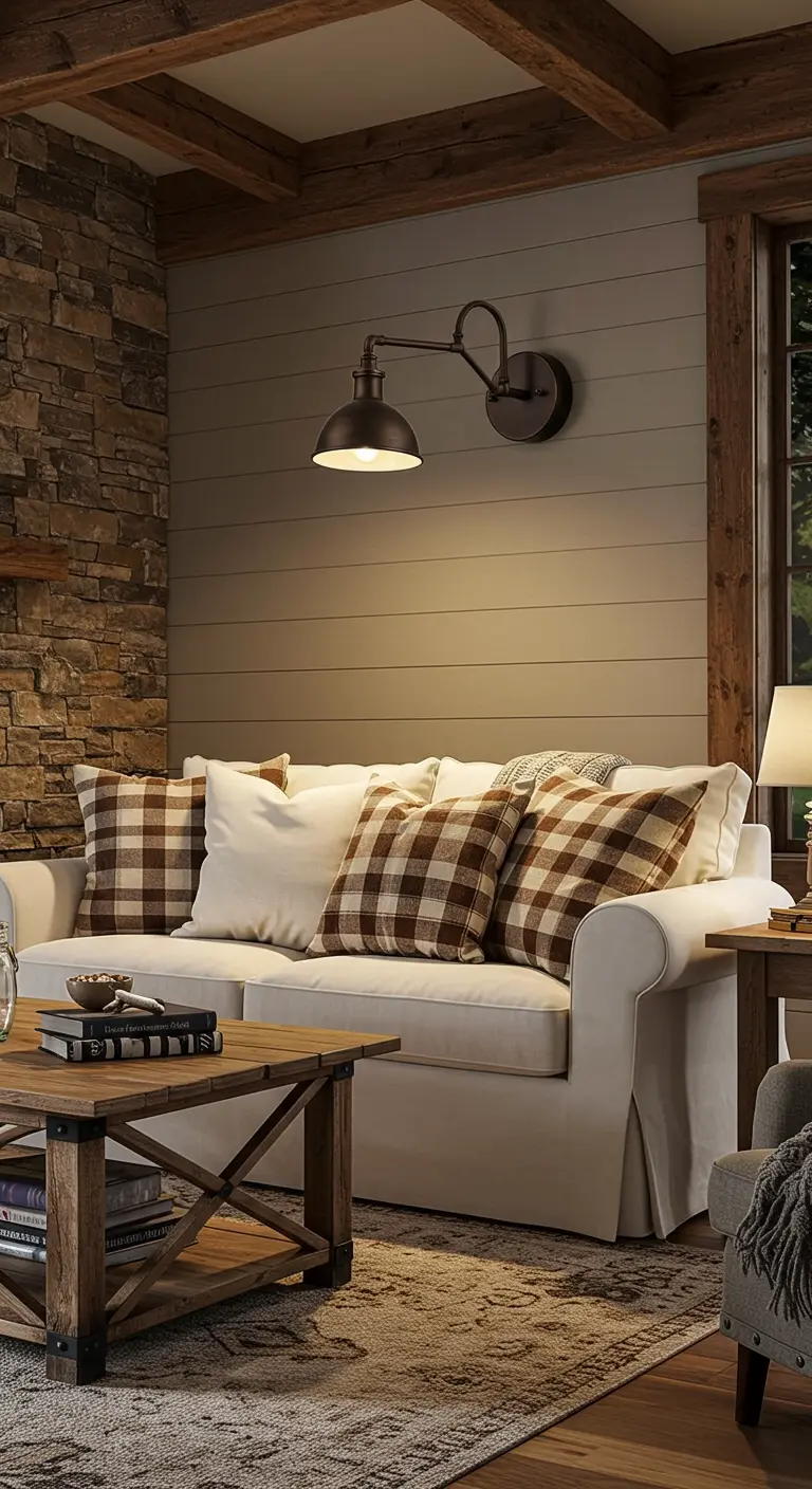Landelijke woonkamer met stenen muur, houten balken, witte bank en een donkere wandlamp erboven.