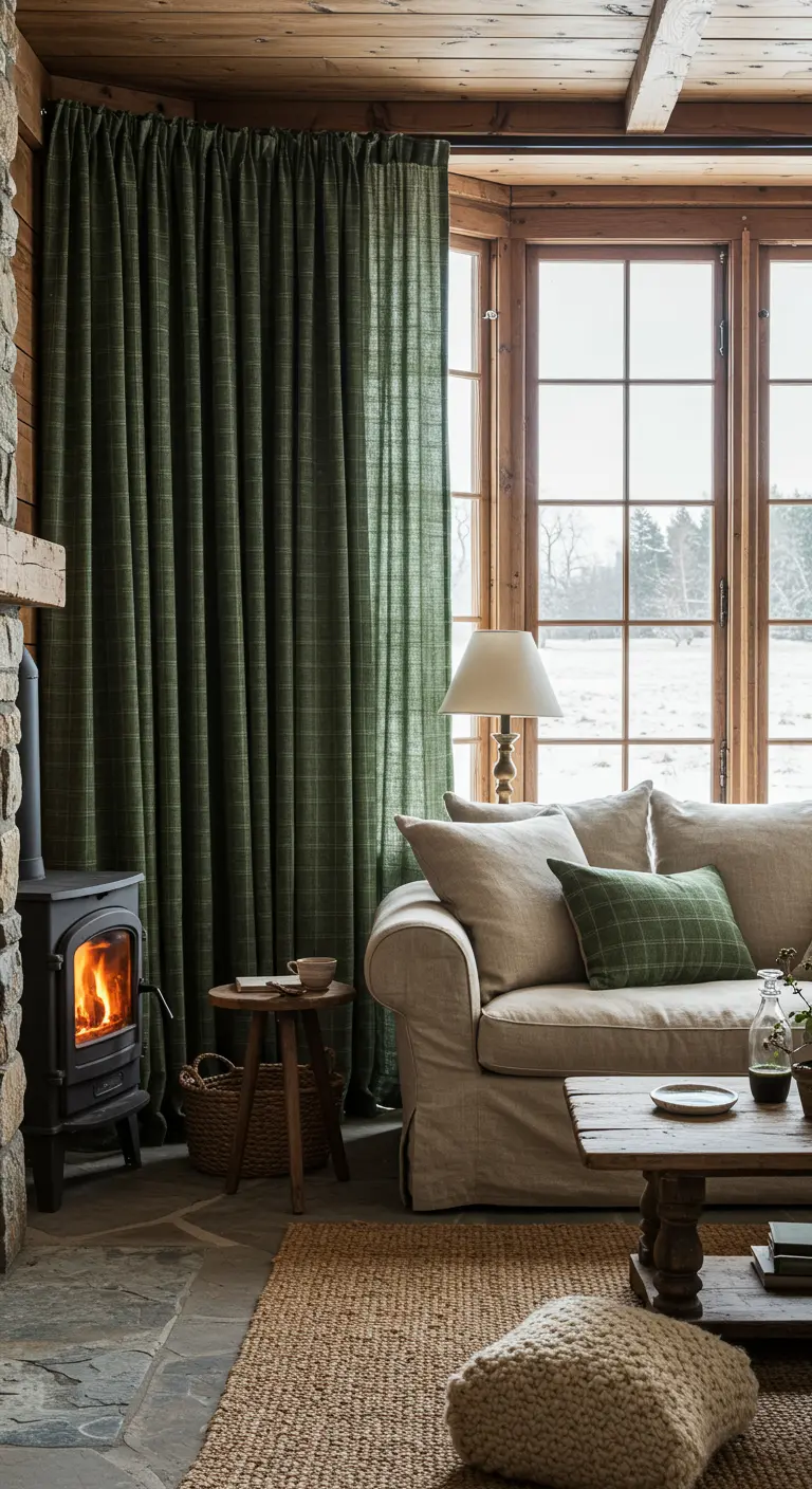 Groen geruite gordijnen in een rustieke woonkamer met houten balken en kachel.
