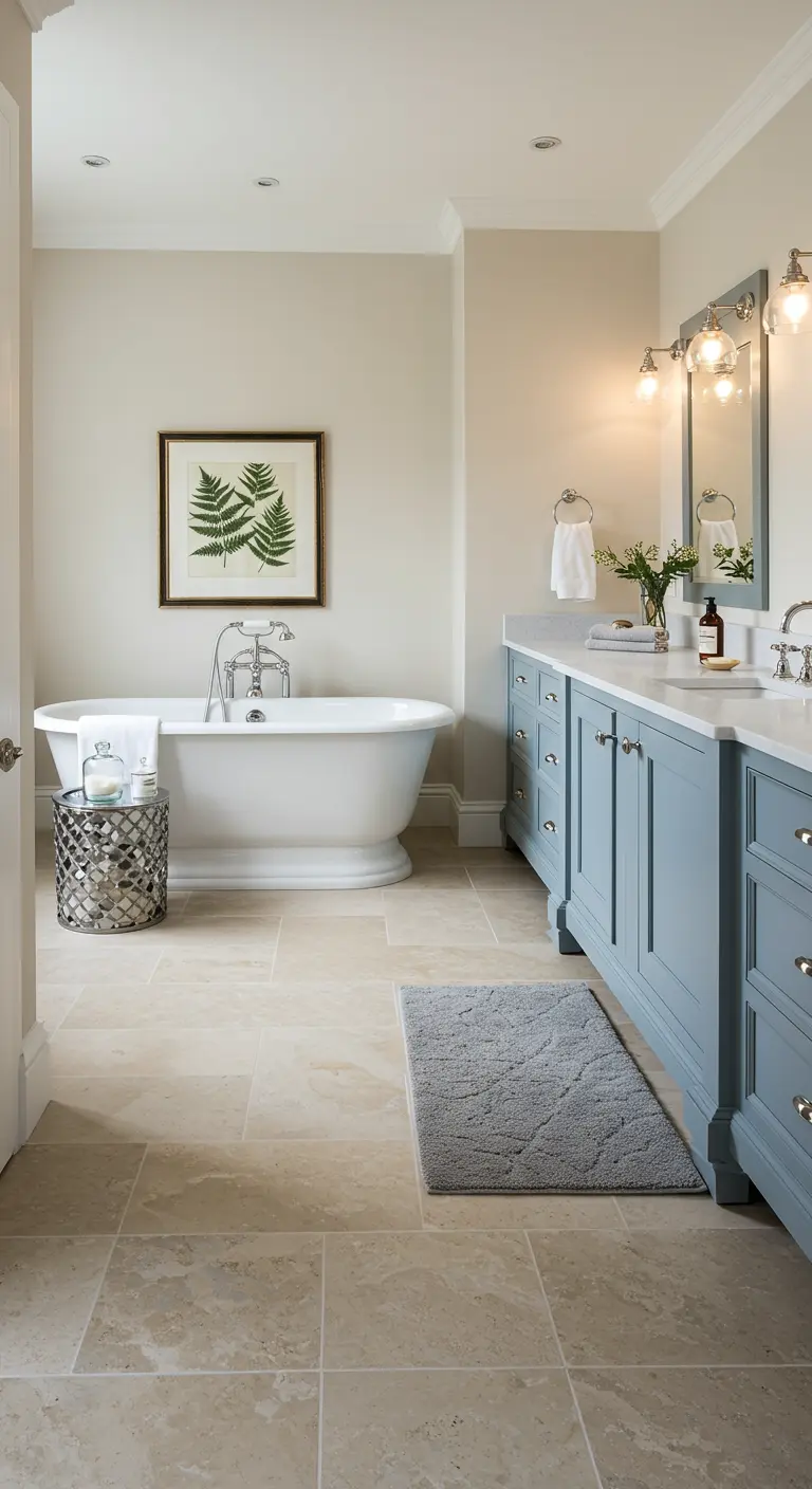 Landelijke badkamer met beige travertin vloertegels en lichtblauwe kasten.