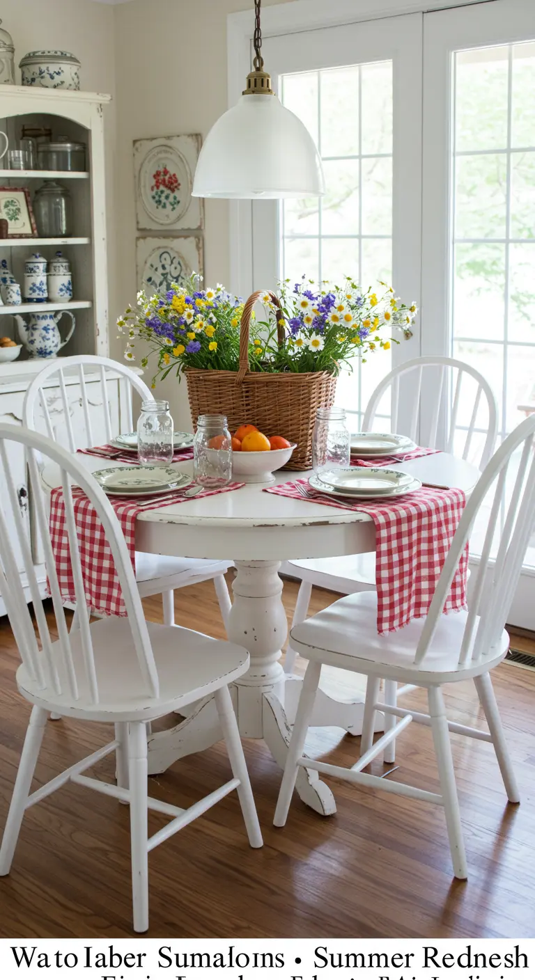 Ronde witte eettafel met rood-witte geruite loper, mand met veldbloemen en schaal met fruit.