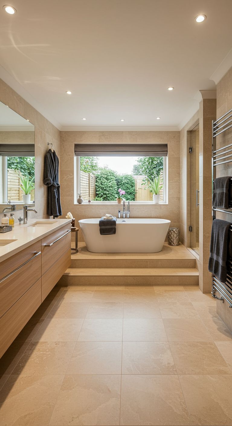 Elegante houten badmat voor een moderne inloopdouche.