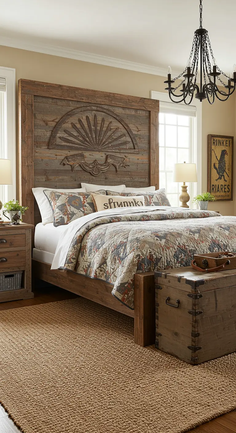 Robuust houten bedframe met gedetailleerd houtsnijwerk in farmhouse stijl.