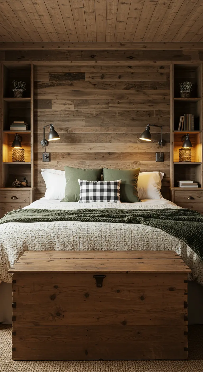 Farmhouse slaapkamer met houten accentmuur, kist, ingebouwde kasten en gebreide sprei.