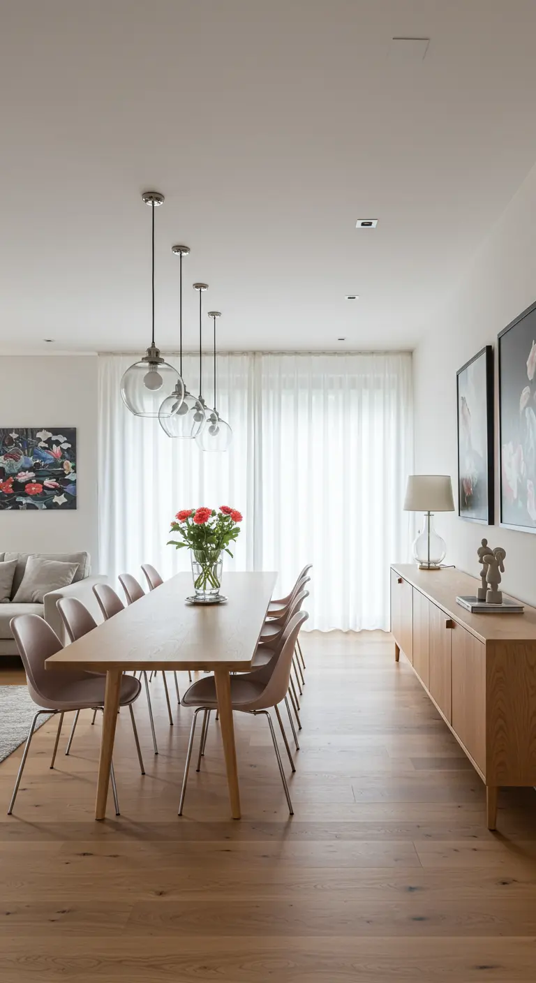 Lange, smalle houten eettafel met lichte stoelen in een lichte, open ruimte.