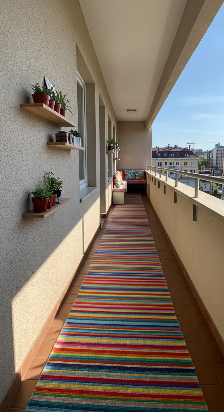 Lang smal balkon met een kleurrijk gestreept buitenkleed over de lengte.