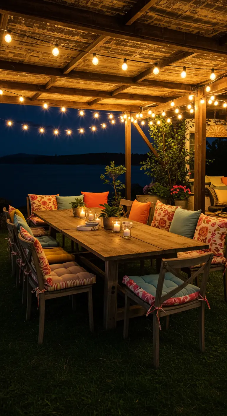 Lange houten eettafel buiten met stoelen voorzien van diverse kleurrijke kussens.